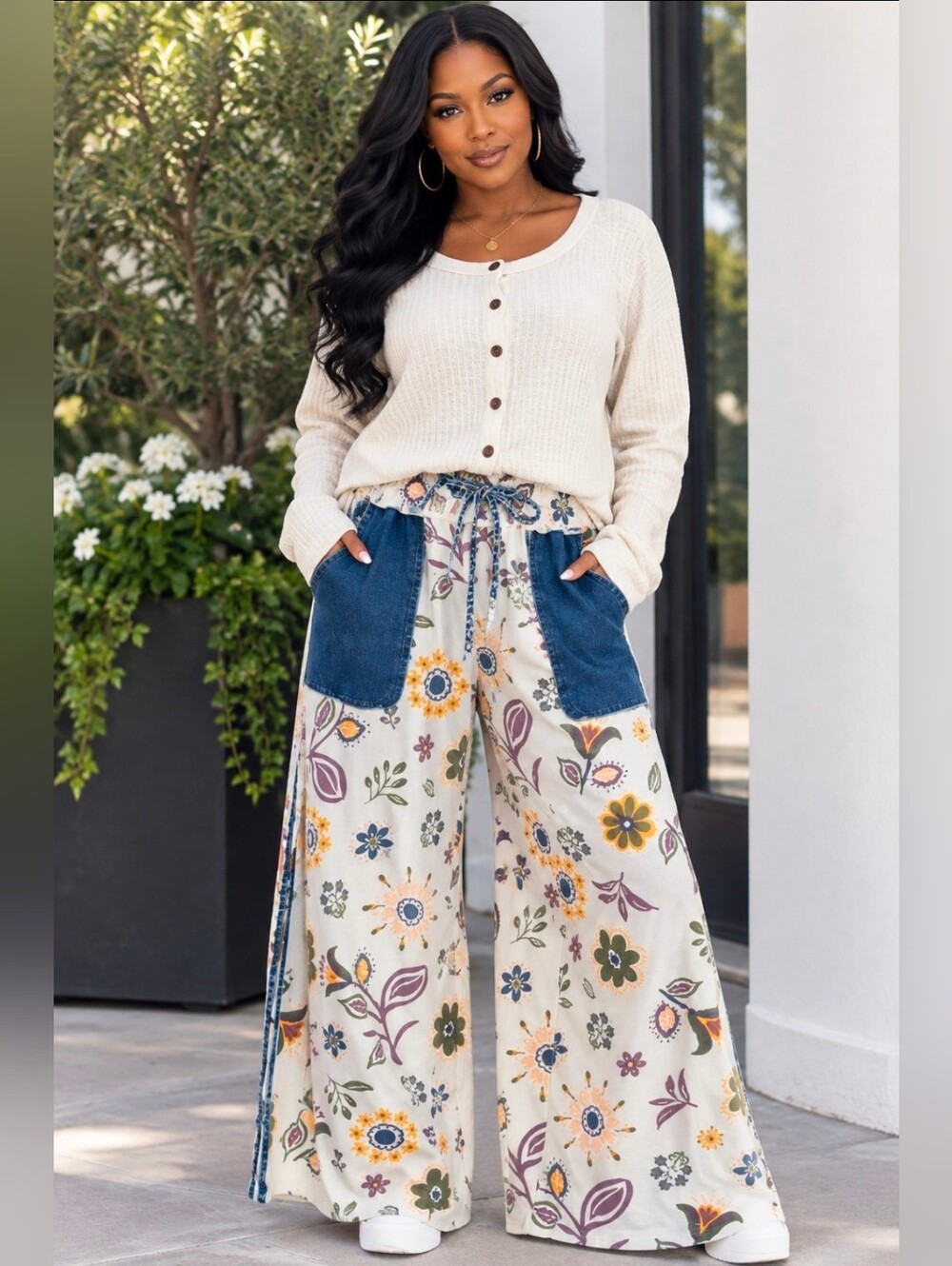 NEW!! Easel Floral Print Mineral Washed Pants in Ecru, Sz Medium, NWT